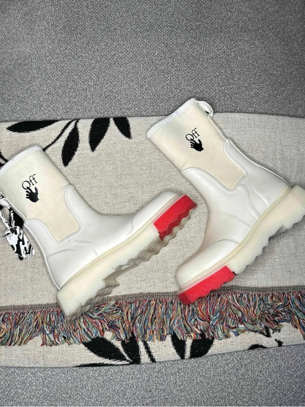 White Cream Platform Rain Boots with Pink Sole